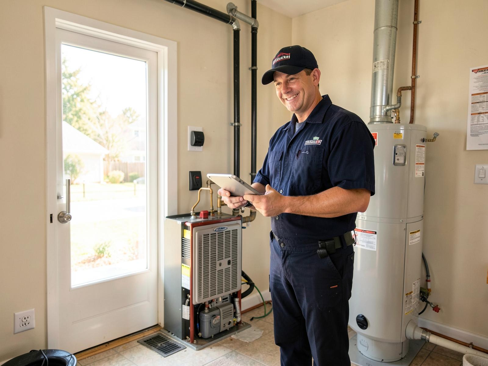 Pristine Heating and Air Conditioning technician inspecting a home furnace in a residential utility room